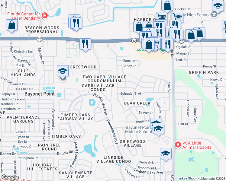 map of restaurants, bars, coffee shops, grocery stores, and more near 8515 Schrader Boulevard in Port Richey