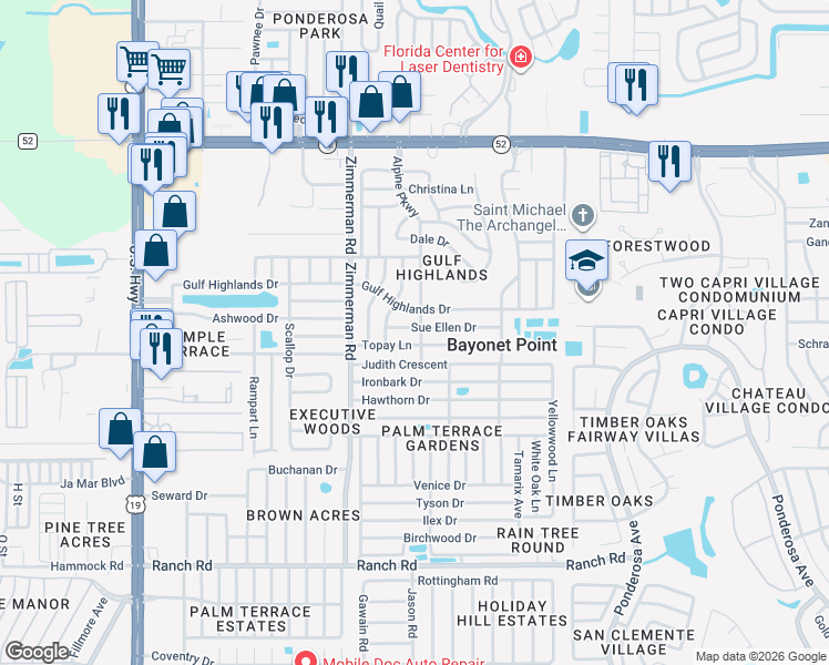 map of restaurants, bars, coffee shops, grocery stores, and more near 7618 Sue Ellen Drive in Port Richey