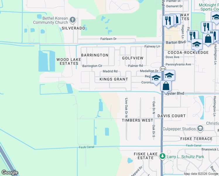 map of restaurants, bars, coffee shops, grocery stores, and more near 1199 Vaquero Drive in Rockledge