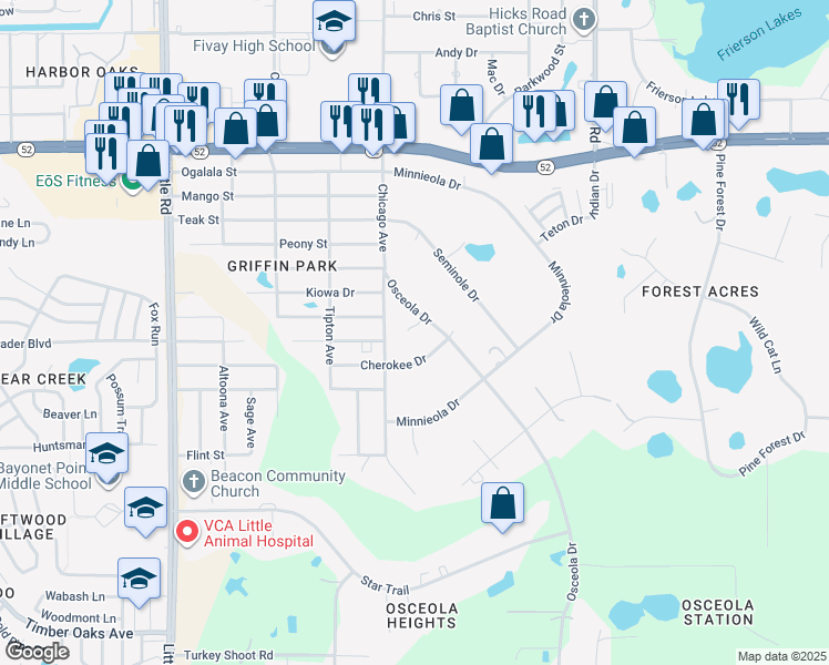 map of restaurants, bars, coffee shops, grocery stores, and more near 11571 Osceola Drive in New Port Richey