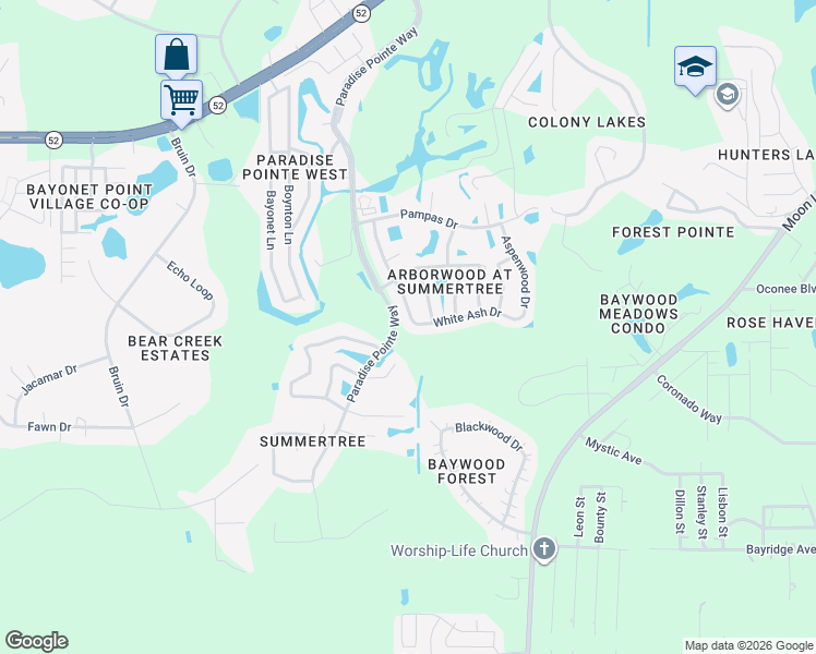 map of restaurants, bars, coffee shops, grocery stores, and more near 11521 Rose Tree Drive in New Port Richey