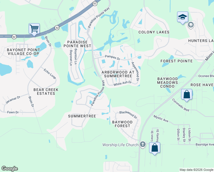 map of restaurants, bars, coffee shops, grocery stores, and more near 11521 Rose Tree Drive in New Port Richey