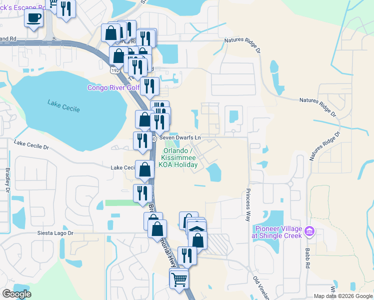 map of restaurants, bars, coffee shops, grocery stores, and more near 2608 Lodi Circle in Kissimmee