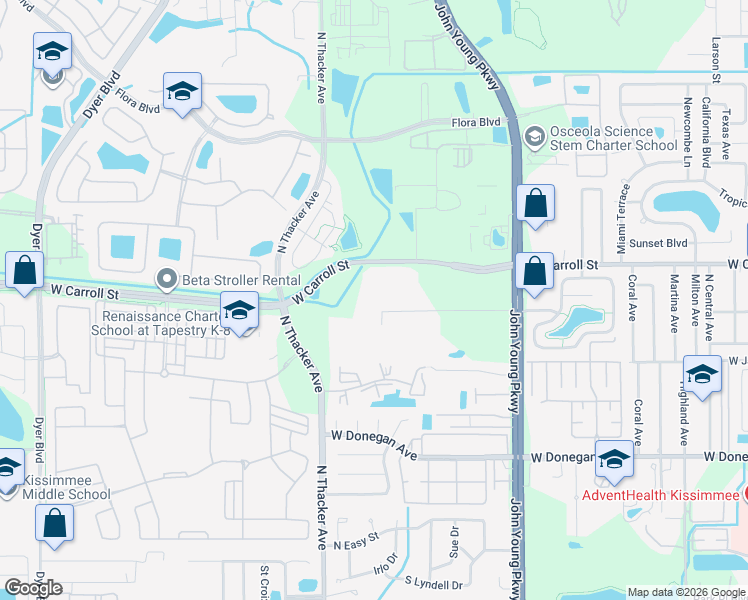 map of restaurants, bars, coffee shops, grocery stores, and more near West Carroll Street in Kissimmee