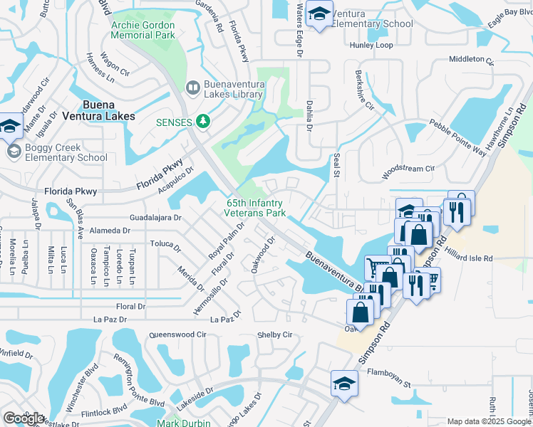map of restaurants, bars, coffee shops, grocery stores, and more near 202 Watts Lane in Kissimmee