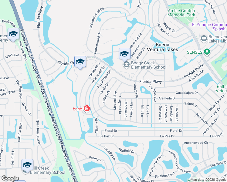map of restaurants, bars, coffee shops, grocery stores, and more near 135 Tulpan Drive in Kissimmee