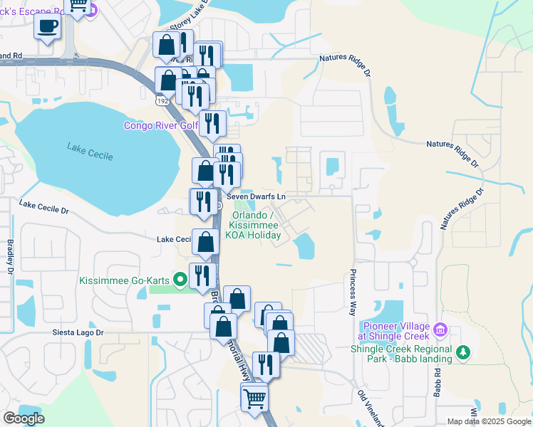 map of restaurants, bars, coffee shops, grocery stores, and more near 2612 Lodi Circle in Kissimmee