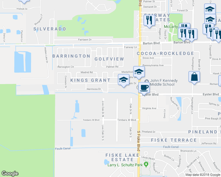 map of restaurants, bars, coffee shops, grocery stores, and more near 1034 Hermosa Drive in Rockledge