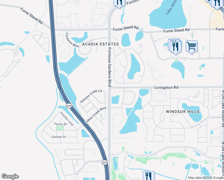 map of restaurants, bars, coffee shops, grocery stores, and more near 2621 Autumn Creek Circle in Kissimmee