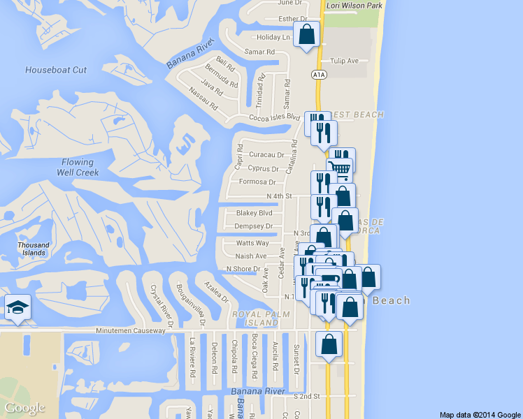 map of restaurants, bars, coffee shops, grocery stores, and more near 442 Blakey Boulevard in Cocoa Beach