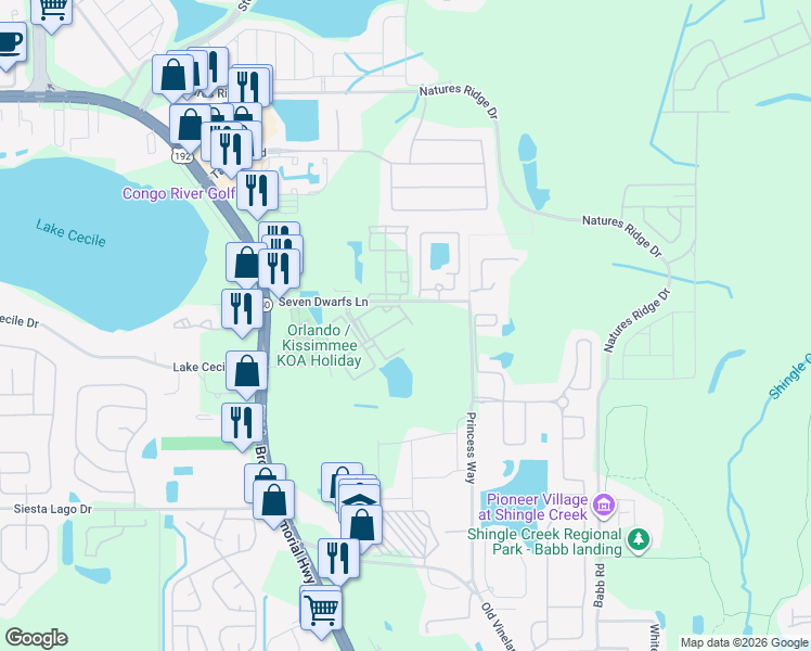 map of restaurants, bars, coffee shops, grocery stores, and more near 4550 Jona Free Lane in Kissimmee