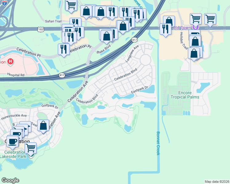 map of restaurants, bars, coffee shops, grocery stores, and more near 213 Eastpark Drive in Kissimmee