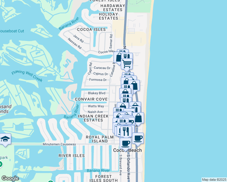 map of restaurants, bars, coffee shops, grocery stores, and more near 341 Woodland Avenue in Cocoa Beach