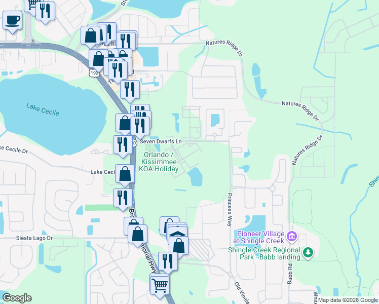 map of restaurants, bars, coffee shops, grocery stores, and more near 2609 Gala Road North in Kissimmee