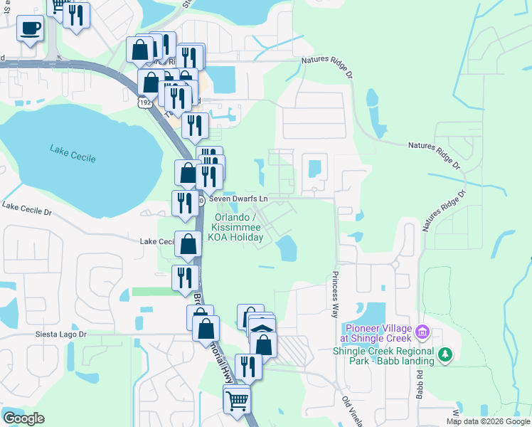 map of restaurants, bars, coffee shops, grocery stores, and more near 2609 Gala Road North in Kissimmee