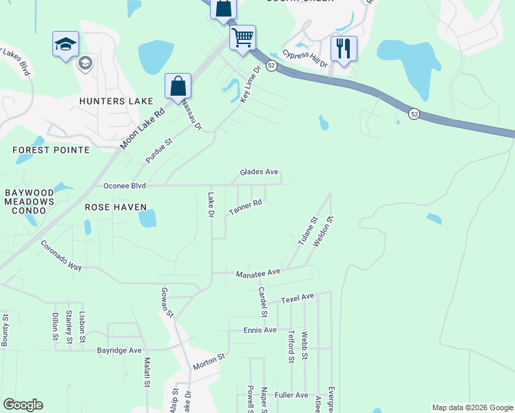 map of restaurants, bars, coffee shops, grocery stores, and more near 12940 Tanner Road in New Port Richey