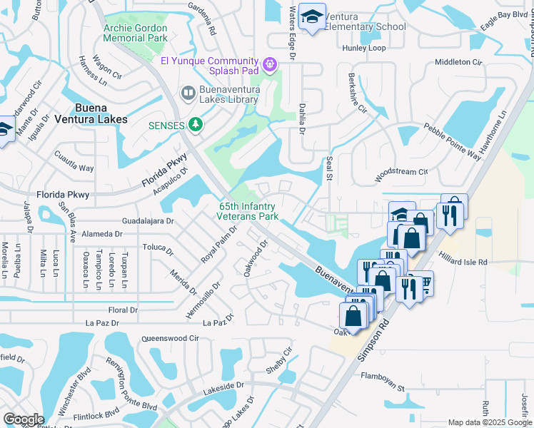 map of restaurants, bars, coffee shops, grocery stores, and more near 203 Watts Lane in Kissimmee