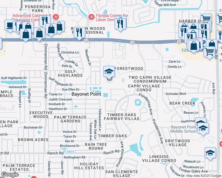map of restaurants, bars, coffee shops, grocery stores, and more near 8032 Merrimac Drive in Port Richey