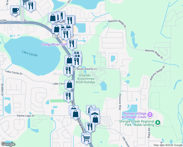 map of restaurants, bars, coffee shops, grocery stores, and more near 2606 Lodi Circle in Kissimmee