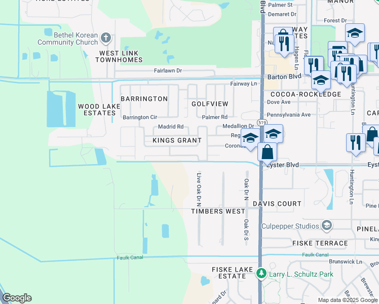 map of restaurants, bars, coffee shops, grocery stores, and more near 1081 Hermosa Drive in Rockledge
