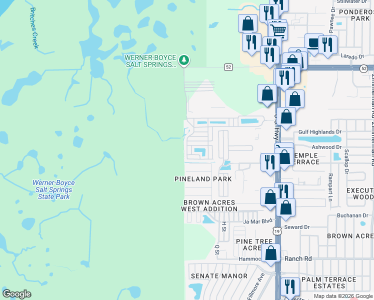 map of restaurants, bars, coffee shops, grocery stores, and more near 6522 Cabbage Palm Lane in Port Richey