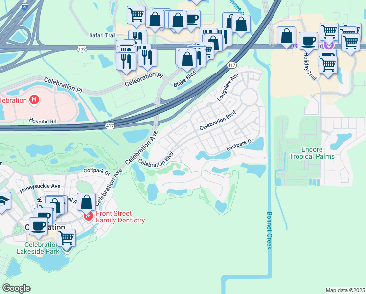map of restaurants, bars, coffee shops, grocery stores, and more near 308 Charleston Place in Kissimmee