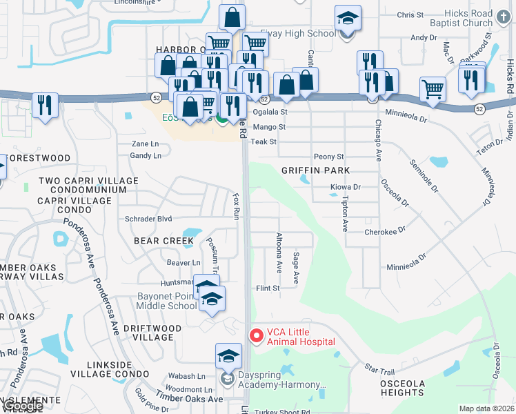 map of restaurants, bars, coffee shops, grocery stores, and more near 9020 Rye Street in New Port Richey