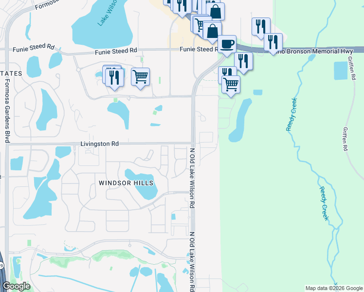 map of restaurants, bars, coffee shops, grocery stores, and more near 2709 Andros Lane in Kissimmee