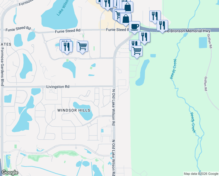 map of restaurants, bars, coffee shops, grocery stores, and more near 2709 Andros Lane in Kissimmee