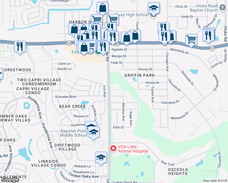 map of restaurants, bars, coffee shops, grocery stores, and more near 9031 Bourbon Street in New Port Richey