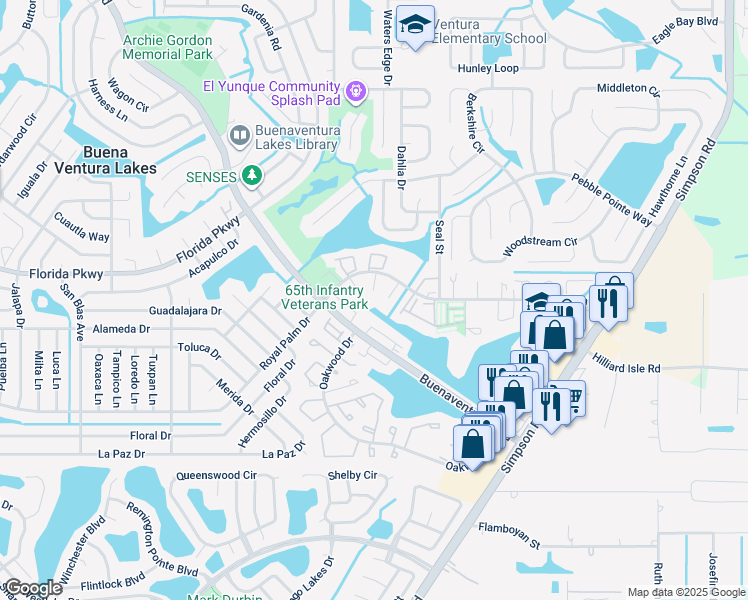 map of restaurants, bars, coffee shops, grocery stores, and more near 19 Solomon Lane in Kissimmee