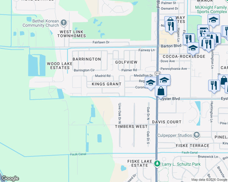 map of restaurants, bars, coffee shops, grocery stores, and more near 1081 Hermosa Drive in Rockledge