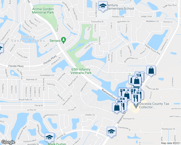 map of restaurants, bars, coffee shops, grocery stores, and more near 202 Watts Lane in Kissimmee