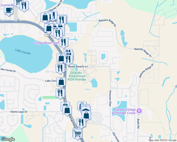 map of restaurants, bars, coffee shops, grocery stores, and more near 2609 Gala Road North in Kissimmee