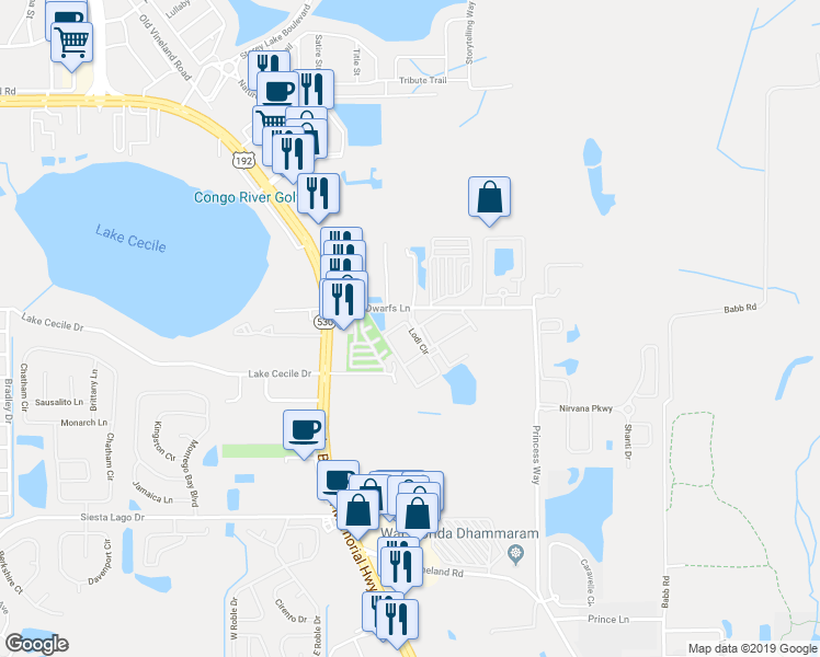 map of restaurants, bars, coffee shops, grocery stores, and more near 2612 Lodi Circle in Kissimmee