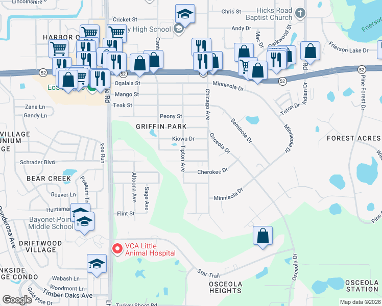 map of restaurants, bars, coffee shops, grocery stores, and more near 9414 Bourbon Street in New Port Richey