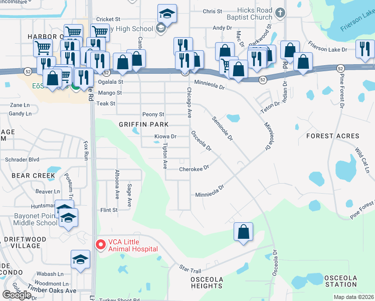 map of restaurants, bars, coffee shops, grocery stores, and more near 11571 Osceola Drive in New Port Richey