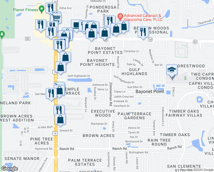 map of restaurants, bars, coffee shops, grocery stores, and more near 7424 Ashwood Drive in Port Richey