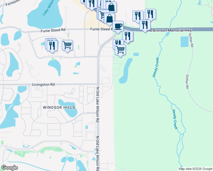 map of restaurants, bars, coffee shops, grocery stores, and more near 2649 Sunrise Shores Drive in Kissimmee