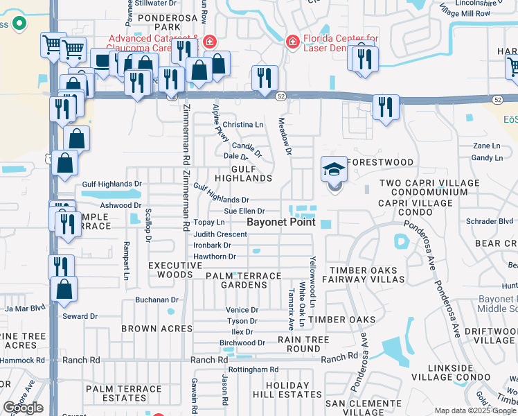 map of restaurants, bars, coffee shops, grocery stores, and more near 7801 Topay Lane in Port Richey