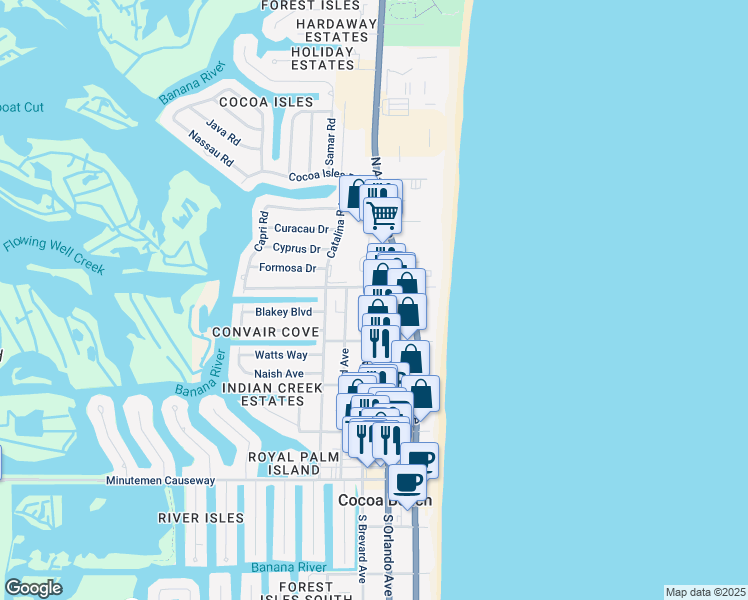 map of restaurants, bars, coffee shops, grocery stores, and more near 334 North Orlando Avenue in Cocoa Beach