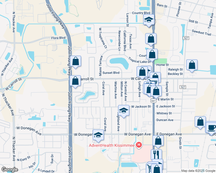 map of restaurants, bars, coffee shops, grocery stores, and more near 2619 Coral Avenue in Kissimmee