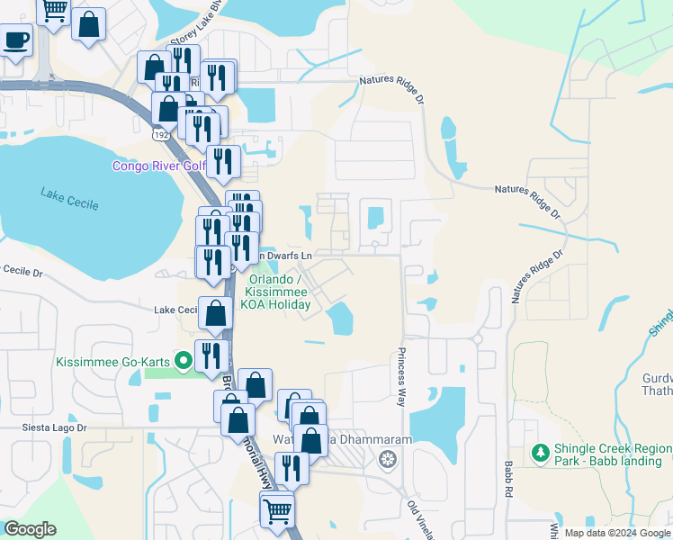 map of restaurants, bars, coffee shops, grocery stores, and more near 4561 Yellowgold Road East in Kissimmee