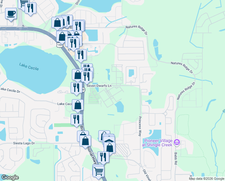 map of restaurants, bars, coffee shops, grocery stores, and more near 2609 Gala Road North in Kissimmee