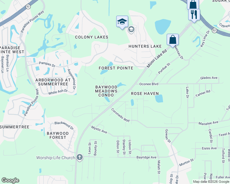 map of restaurants, bars, coffee shops, grocery stores, and more near 12135 Environmental Drive in New Port Richey