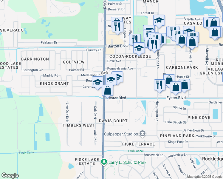 map of restaurants, bars, coffee shops, grocery stores, and more near 2100 South Fiske Boulevard in Rockledge