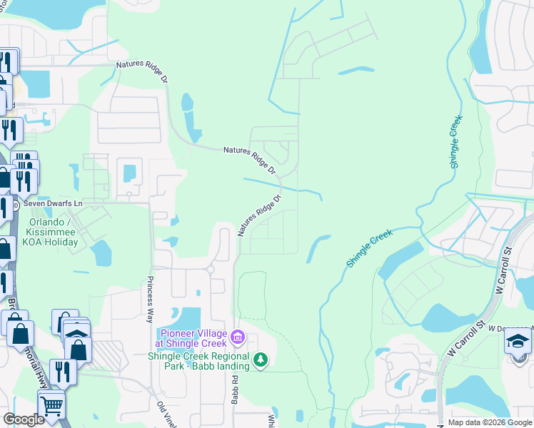 map of restaurants, bars, coffee shops, grocery stores, and more near 2485-2619 Babb Road in Kissimmee