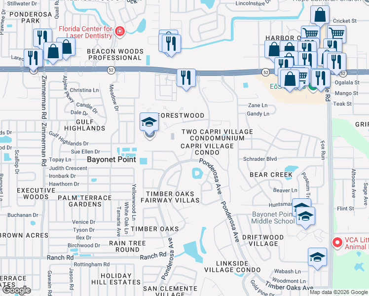 map of restaurants, bars, coffee shops, grocery stores, and more near 11525 Forest Run Court in Port Richey