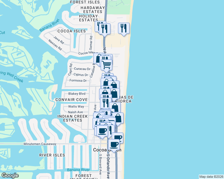 map of restaurants, bars, coffee shops, grocery stores, and more near 850 North Atlantic Avenue in Cocoa Beach