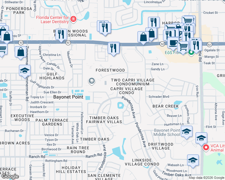 map of restaurants, bars, coffee shops, grocery stores, and more near 11525 Forest Run Court in Port Richey